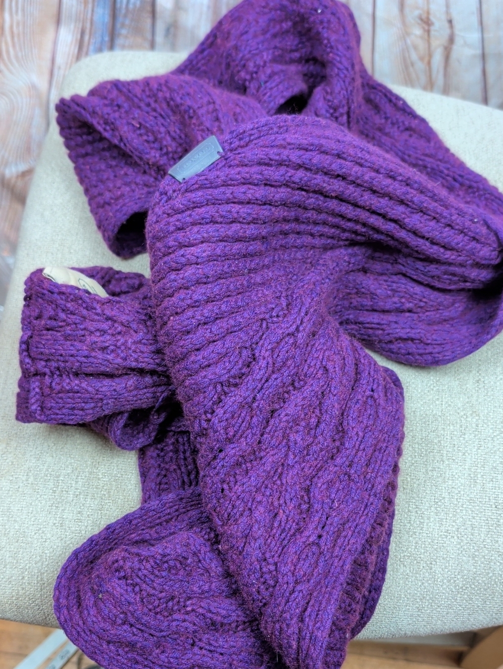 Coach Purple Cable Knit Scarf Crow Neck